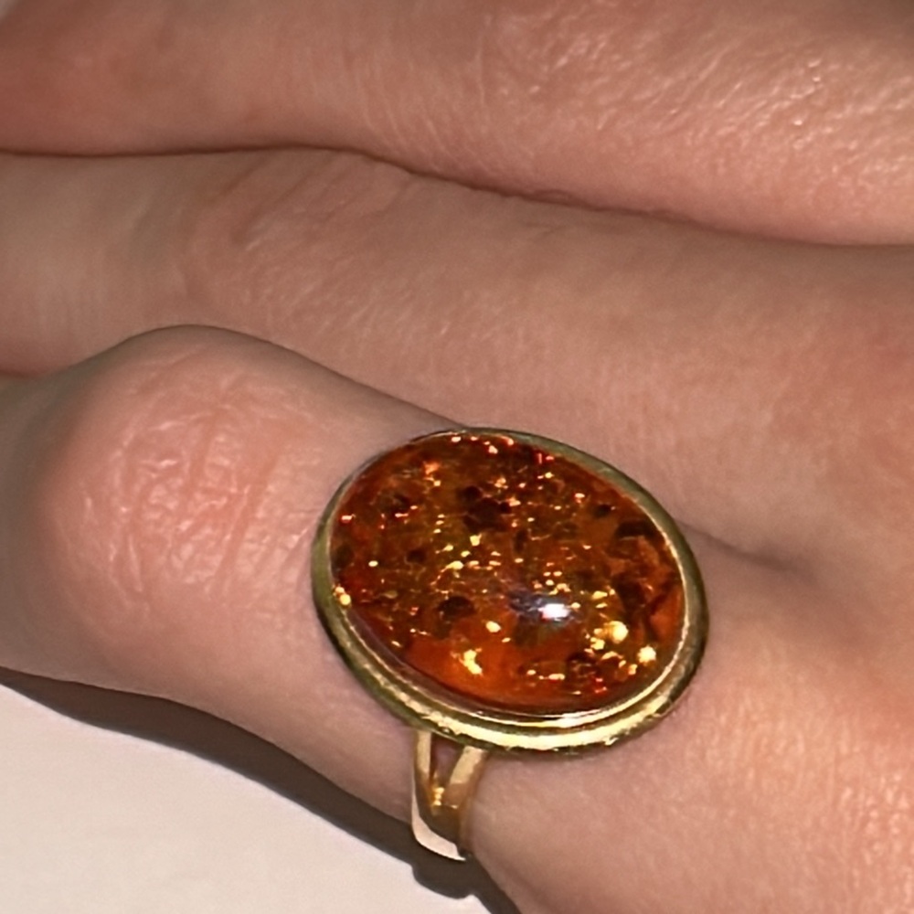 Solid 14K Yellow Gold Natural Oval Baltic Amber Ring Vintage Estate - Picture 3 of 14